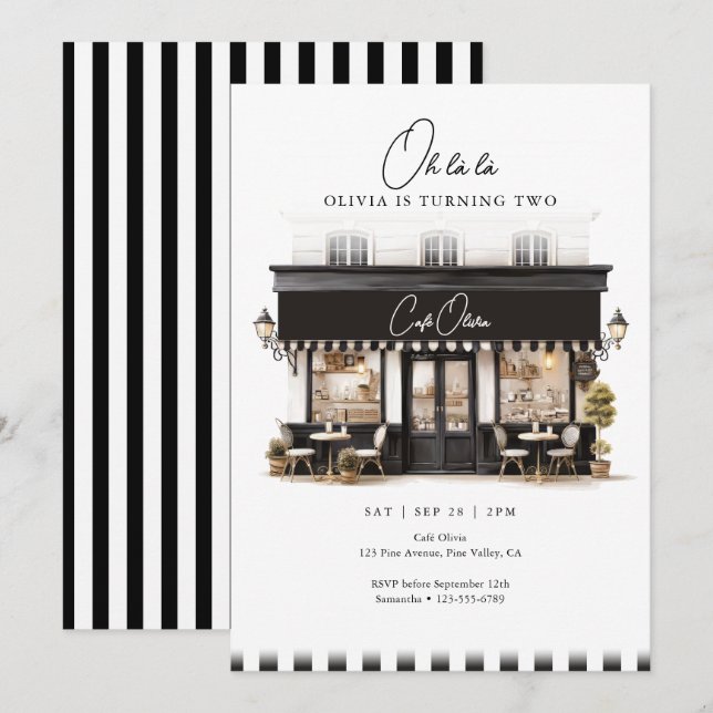 Invitación 2do Cumpleaños Oh Là Là Café París Negro y Blanco (Anverso / Reverso)