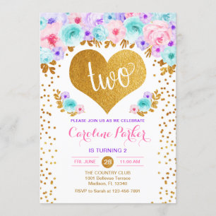 Invitación 2do cumpleaños - rosa púrpura verde azulado del