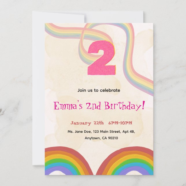 Invitación 2nd Birthday Invitation Girl Editable Rainbow (Anverso)
