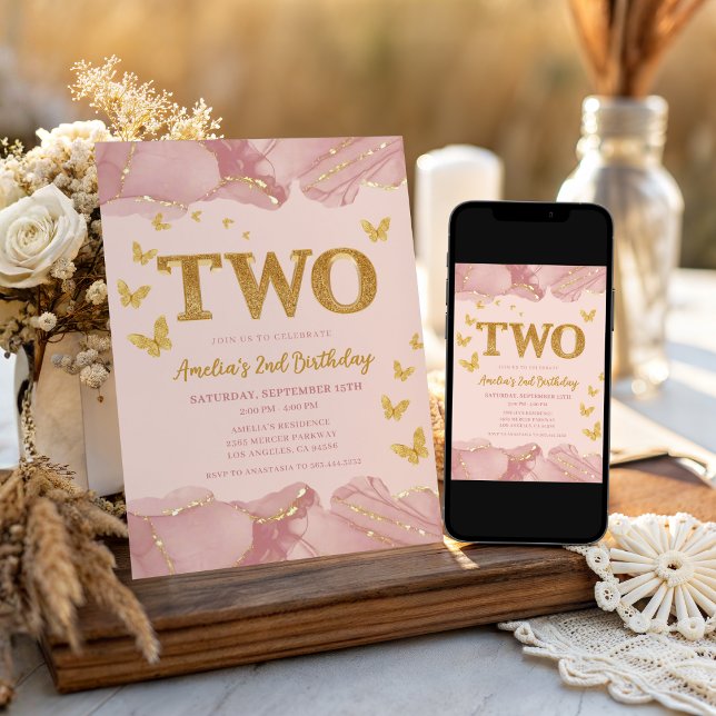 Invitación 2nd Birthday Invitation Pink Gold Glitter Girl (Subido por el creador)