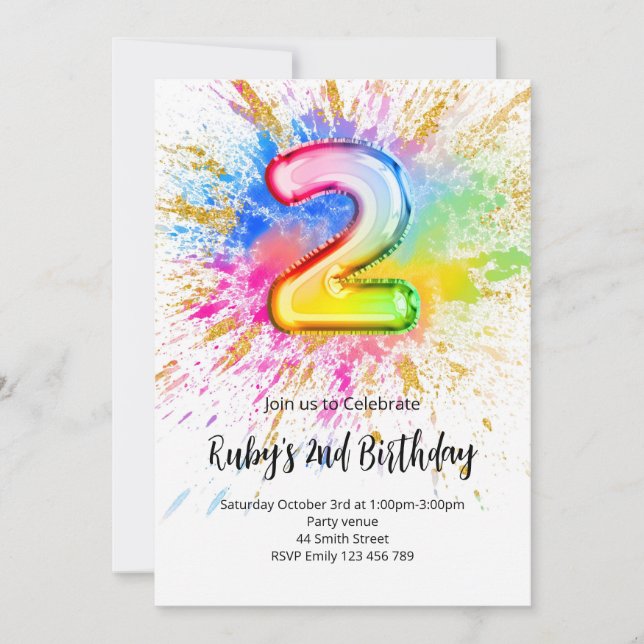 Invitación 2nd Birthday Rainbow Paint Splash Invitation (Anverso)