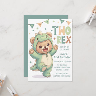 Invitación 2nd Dino Birthday Party | Cute Teddy Bear Dinosaur