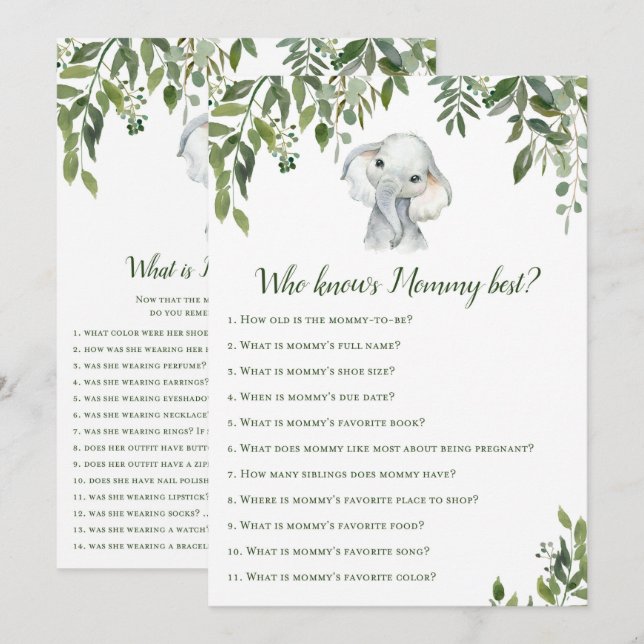 Invitación 2x Juegos Elephant Baby Shower 5x7" Tamaño (Anverso / Reverso)
