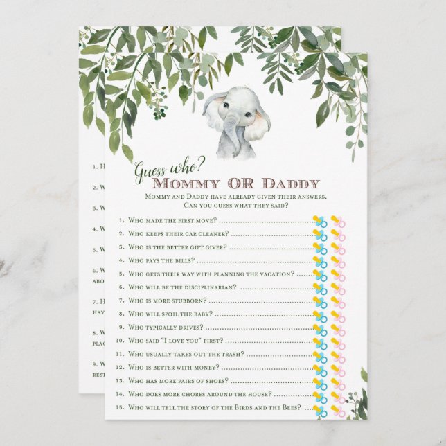 Invitación 2x Juegos Elephant Baby Shower 5x7" Tamaño (Anverso / Reverso)