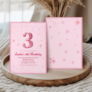 Invitación 3º Cumpleaños Rosa con Brillo Brillo Destellante