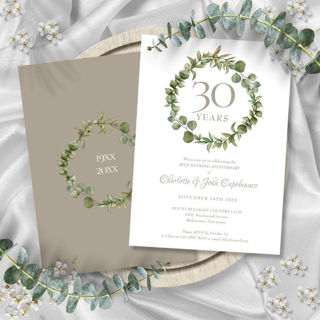 Invitación 30º Aniversario de Boda de Perla con Verde de Bosq (30th Pearl Wedding Anniversary Woodland Greenery Invitation)