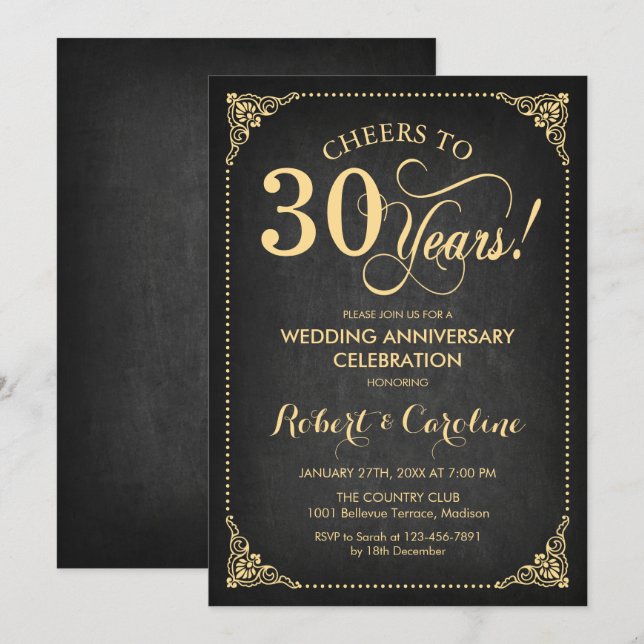Invitación 30º Aniversario de Boda - Pizarra Dorada (Anverso / Reverso)