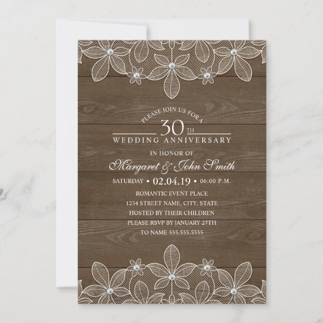 Invitación 30º Aniversario de Boda Rustico Madera País Encaje (Anverso)