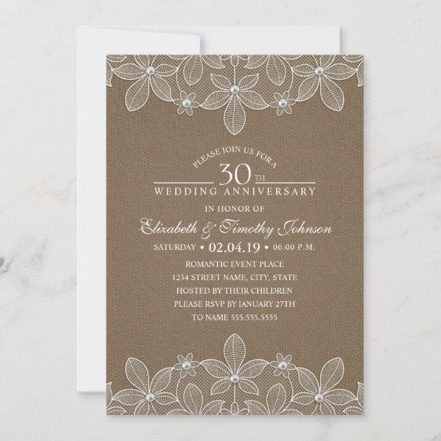 Invitación 30º Aniversario de Boda Rústico Oscuro Arpillera E (Anverso)