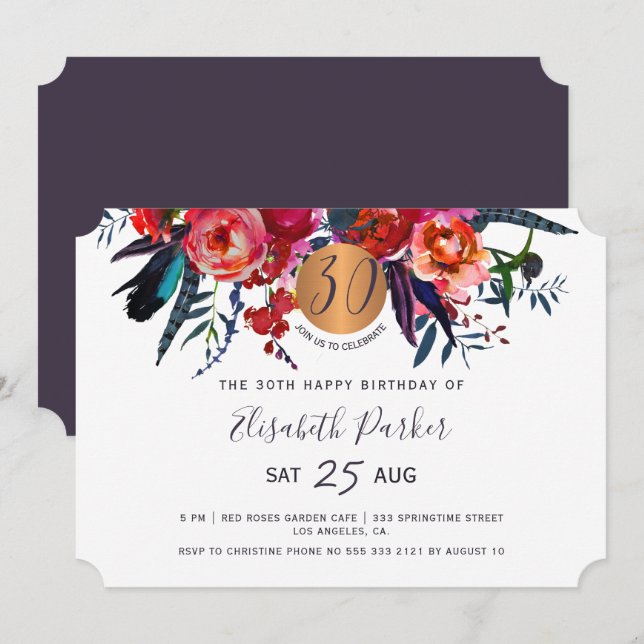 Invitación 30º Cumpleaños moderno boho floral acuarela fiesta (Anverso / Reverso)