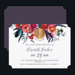 Invitación 30º Cumpleaños moderno boho floral acuarela fiesta<br><div class="desc">Flores bohemias de color índigo de la marina roja ramos y un círculo falso metálico dorado cobre brillo redondo haciendo una invitación moderna y glamorosa horizontal femenina de cumpleaños treinta con una tipografía de escritura totalmente editable de moda y chic.               Adecuado para cualquier temporada.</div>