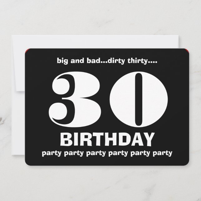 Invitación 30º Sucio Treinta cumpleaños negro y blanco V10 (Anverso)