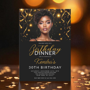 Invitación 30.ª cena de cumpleaños, oro y foto negra