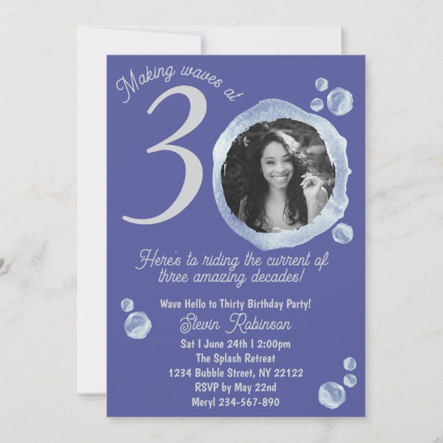 Invitación 30.ª Feria del cumpleaños de las burbujas azules d (Anverso)