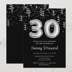 Invitación 30.ª festividad de globos de plata con confetti