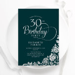 Invitación 30.ª festividad Rosas elegantes de plata verde esm<br><div class="desc">Sencilla y elegante invitación a la fiesta de cumpleaños número 30 en verde esmeralda y plata. Diseño elegante con rosas, Relieve metalizado falso plateado y tipo de letra de guión tipográfico. La carta de invitación a la moda es perfecta para una elegante celebración de cumpleaños femenina. Personaliza con tus propios...</div>