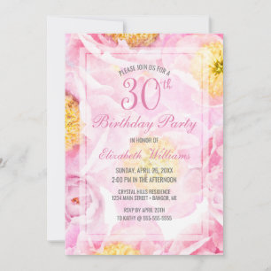 Invitación 30.ª Fiesta de acuarela de color rosa rosa y flora