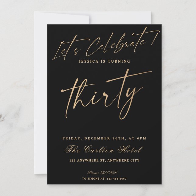 Invitación 30.ª Fiesta De Aniversario Elegante De Negro Y Oro (Anverso)