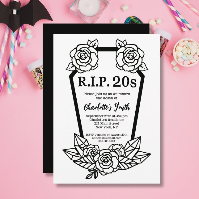 Invitación 30.ª fiesta de cumpleaños 20 Rosas Coffin Muerte d (30th Birthday Rip 20s Roses Coffin Death Of Youth Invitation
)