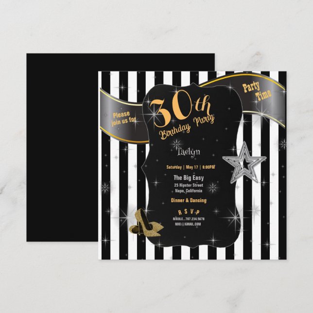 Invitación 30.ª Fiesta de cumpleaños Black Stripes Gold Stile (Anverso / Reverso)