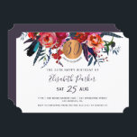 Invitación 30.ª fiesta de cumpleaños del boho moderno con acu<br><div class="desc">Flores índigo bohemias de la marina roja y un círculo redondo de purpurina de cobre metálico de oro en forma de un moderno hito femenino de glam horizontal de 30 años invitación a una fiesta de cumpleaños con una moda moderna y completamente editable escritura tipográfica.              Adecuado para cualquier temporada.</div>