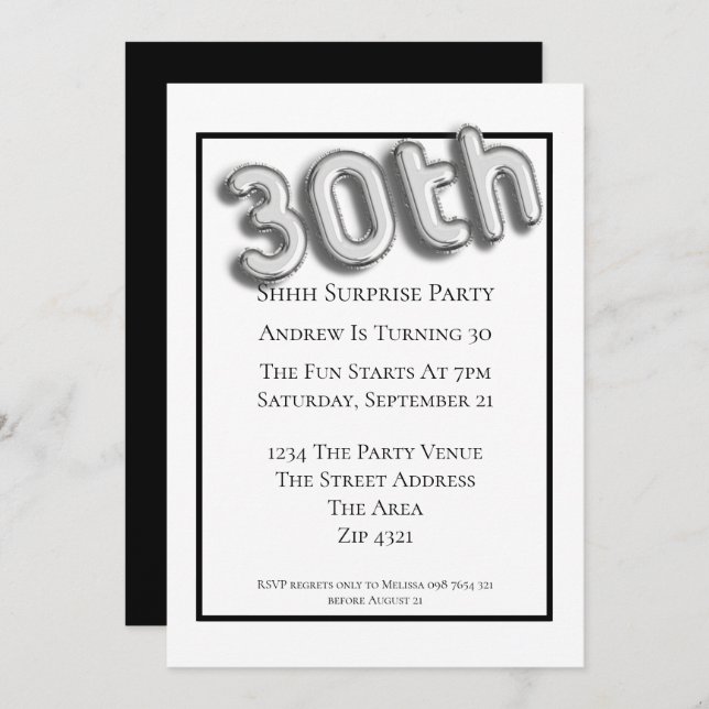 Invitación 30.ª Fiesta de cumpleaños Faux 3d Silver Balloon F (Anverso / Reverso)