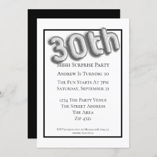 Invitación 30.ª Fiesta de cumpleaños Faux 3d Silver Balloon F