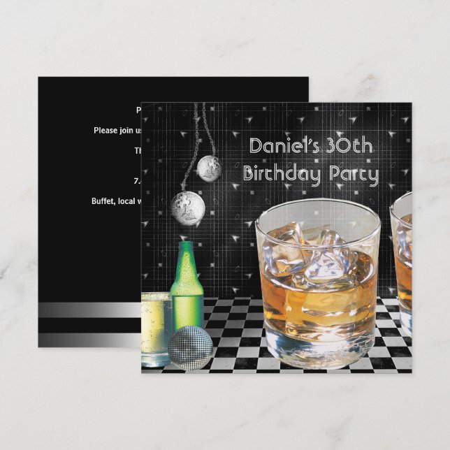 Invitación 30.ª Fiesta de cumpleaños hombres beben plata negr (Anverso / Reverso)