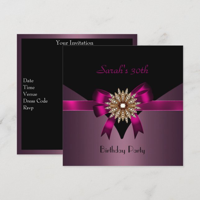 Invitación 30.ª Fiesta de cumpleaños, Jewel Bow Black Purple  (Anverso / Reverso)