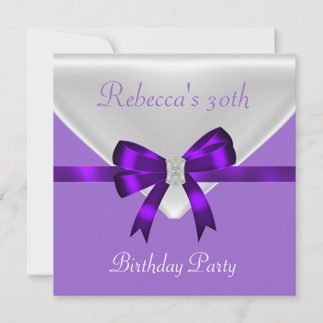 Invitación 30.ª Fiesta de cumpleaños Jewel Bow White Purple 2 (Anverso)
