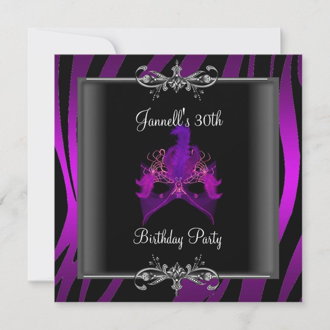 Invitación 30.ª Fiesta de cumpleaños Máscara negra de cebra m (Anverso)