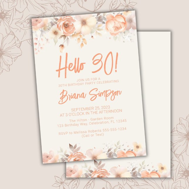 Invitación 30.ª Fiesta de cumpleaños Peach Beige Ivory Flower (Subido por el creador)