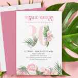 Invitación 30.ª Fiesta de cumpleaños Protea rosa tropical núm<br><div class="desc">Invitación a la fiesta de cumpleaños número 30, decorada con hojas de palma tropicales, flores de protea rosa y un coco. Un diseño sutil y elegante con acuarelas florales en tonos rosa y verde. Perfecto para la celebración de los 30 años, fiesta de luau o fiesta de té en el...</div>