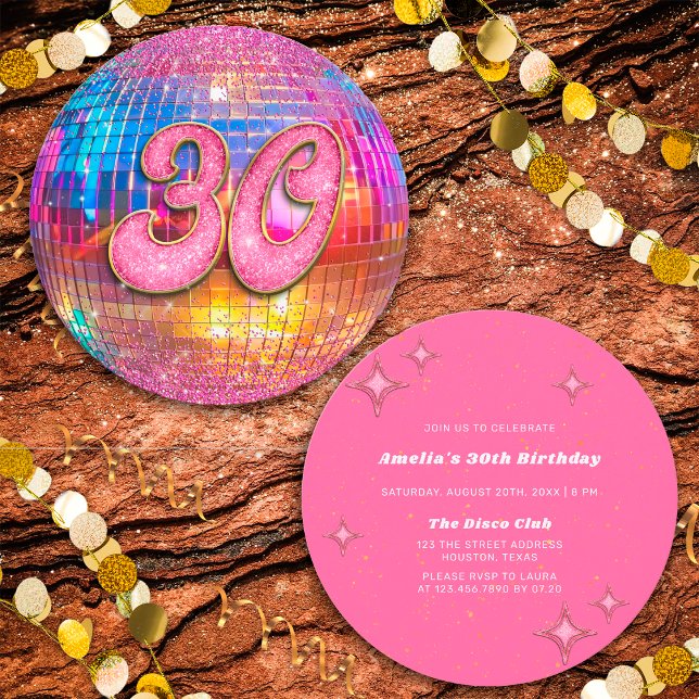 Invitación 30.ª Fiesta de cumpleaños Purpurina rosado dorado  (Front/Back)