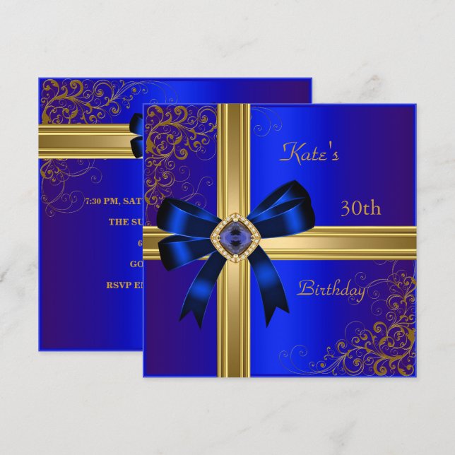 Invitación 30.ª Fiesta de cumpleaños Rich Royal Blue Gold Jew (Anverso / Reverso)