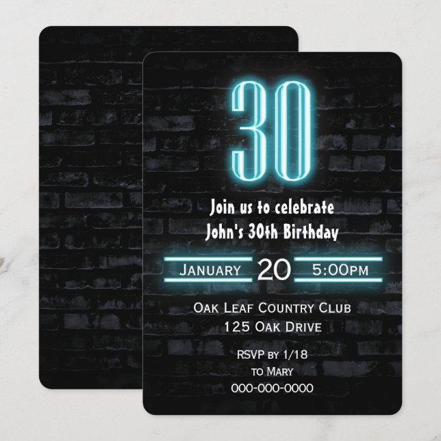Invitación 30.ª Fiesta de cumpleaños Rótulo Neon en ladrillo (Anverso / Reverso)