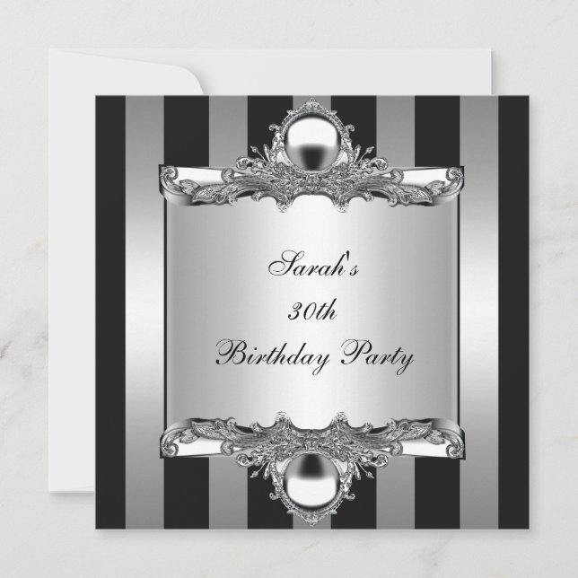 Invitación 30.ª Fiesta de cumpleaños Silver Black White Strip (Anverso)