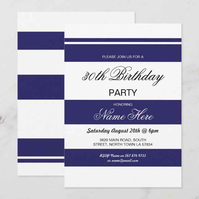 Invitación 30.ª Fiesta de cumpleaños Stripe Navy & White Invi (Anverso / Reverso)