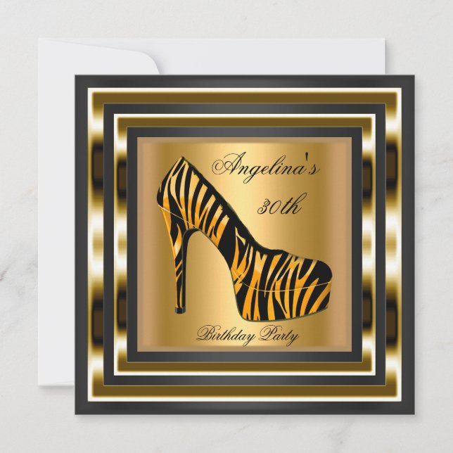 Invitación 30.ª Fiesta de cumpleaños Zebra Wild Black Gold Sh (Anverso)