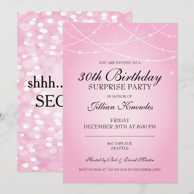 Invitación 30.ª Fiesta de sorpresas de cumpleaños luces de cu (Anverso / Reverso)