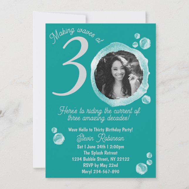 Invitación 30.ª foto de la fiesta de cumpleaños de las burbuj (Anverso)