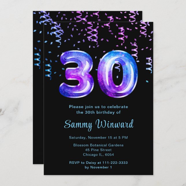 Invitación 30.ª galaxia de cumpleaños con confetti (Anverso / Reverso)
