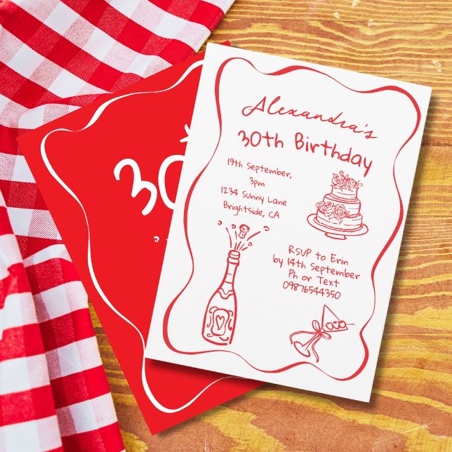 Invitación 30.ª Mano De Cumpleaños Dibujada En Blanco Rojo Wh (Subido por el creador)