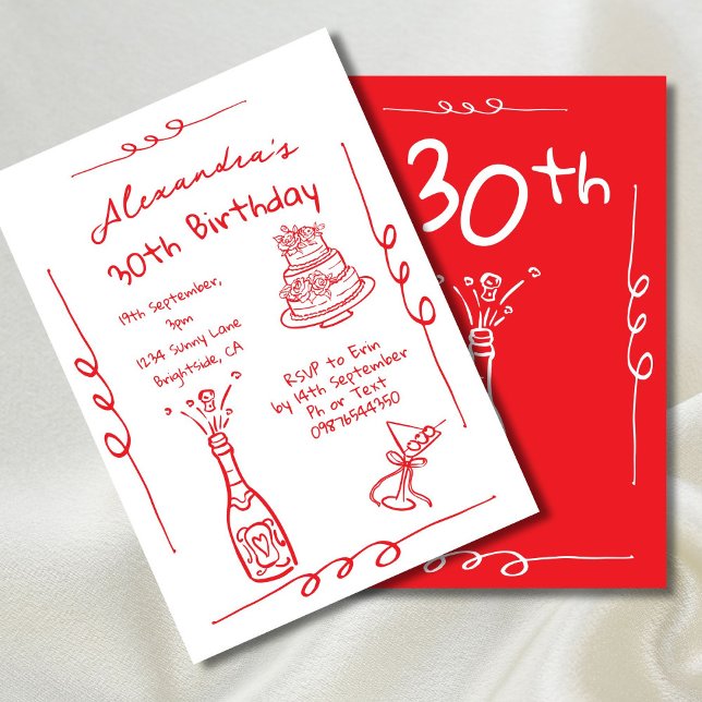 Invitación 30.ª Mano De Cumpleaños Dibujada En Rojo Whimsical (Subido por el creador)