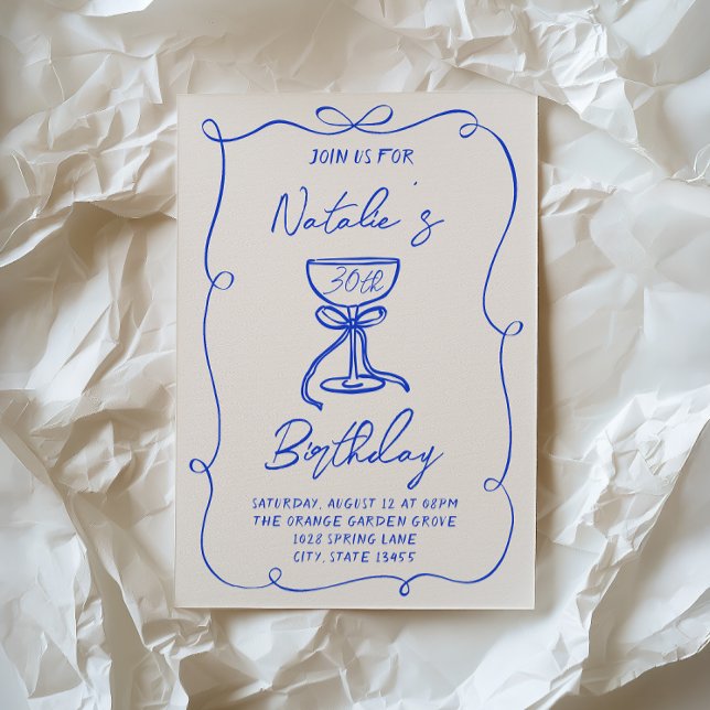 Invitación 30.ª Mano Dibujada Blue Bow Martini Doddle Cumplea (Subido por el creador)