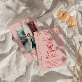 Invitación 30.ª Mano Dibujada Red Bow Champagne Foto Cumpleañ