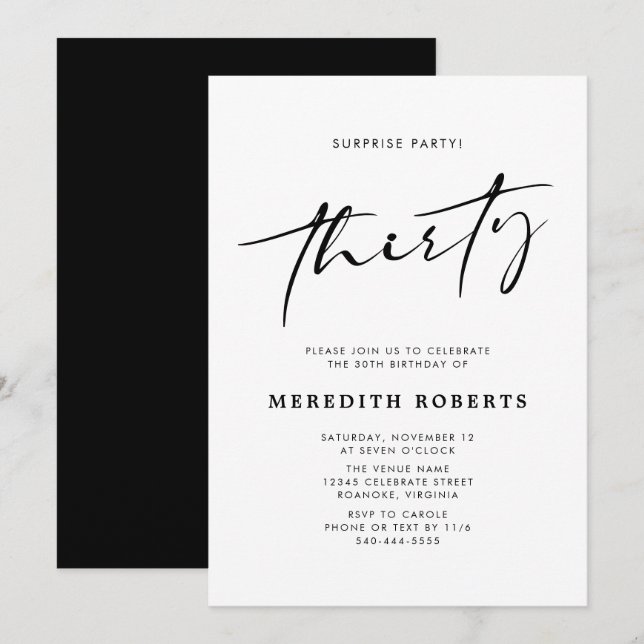 Invitación 30.ª Moda Fiesta de sorpresa de cumpleaños guión m (Anverso / Reverso)