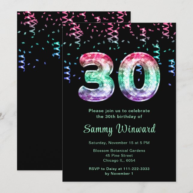 Invitación 30.ª sirena con confetti (Anverso / Reverso)