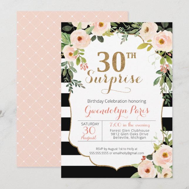 Invitación 30.ª Sorpresa Black White Stripe Cumpleaños Floral (Anverso / Reverso)