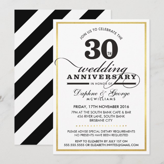 Invitación 30.º ANIVERSARIO BODA elegante dorado negro (Anverso / Reverso)